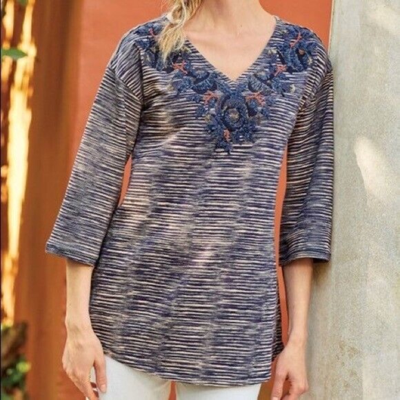 Soft Surroundings Tops - Soft Surroundings Striped Beaded Sequin Applique Manganta Tunic Top Size Large